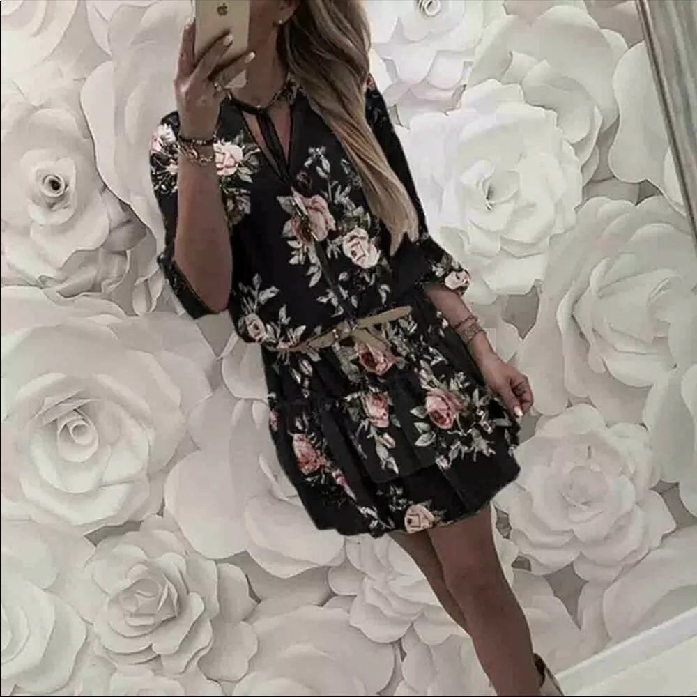 Black Ruffle Floral Long Sleeves Dress